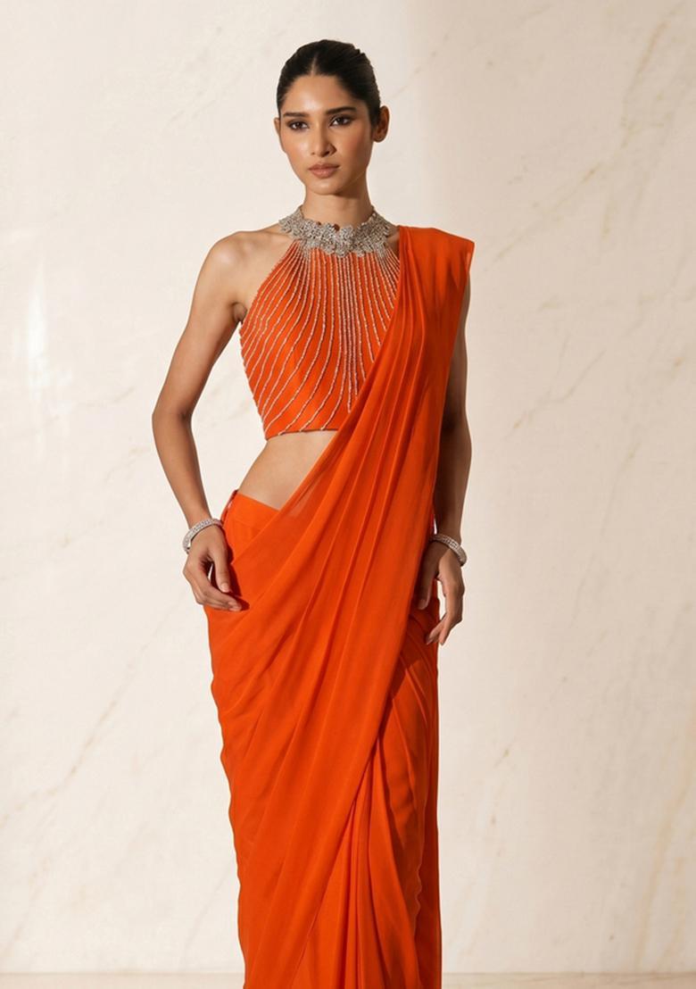 Orange Embroidered Handwork Pre Draped Saree Set - Indya