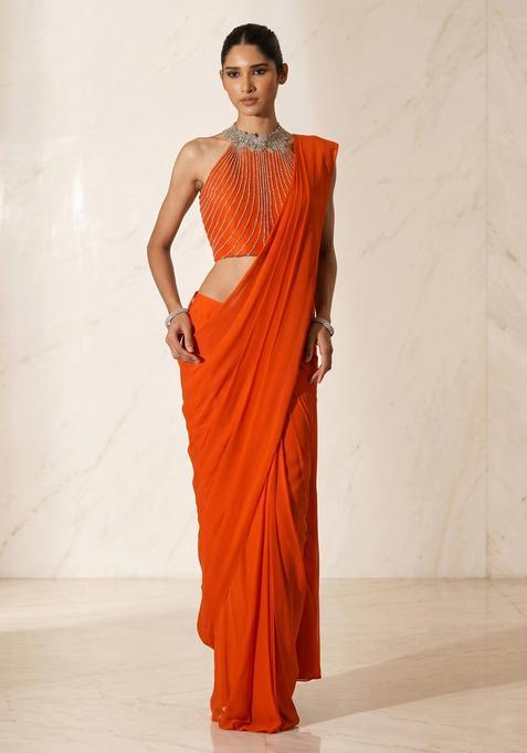 Orange Embroidered Handwork Pre Draped Saree Set