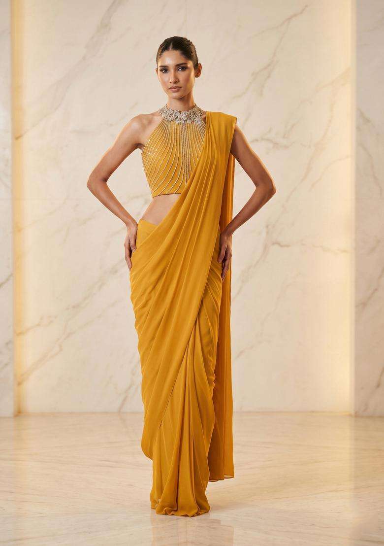 Mustard Embroidered Handwork Pre Draped Saree Set - Indya