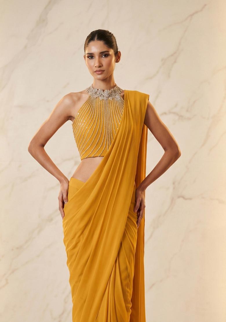 Mustard Embroidered Handwork Pre Draped Saree Set - Indya