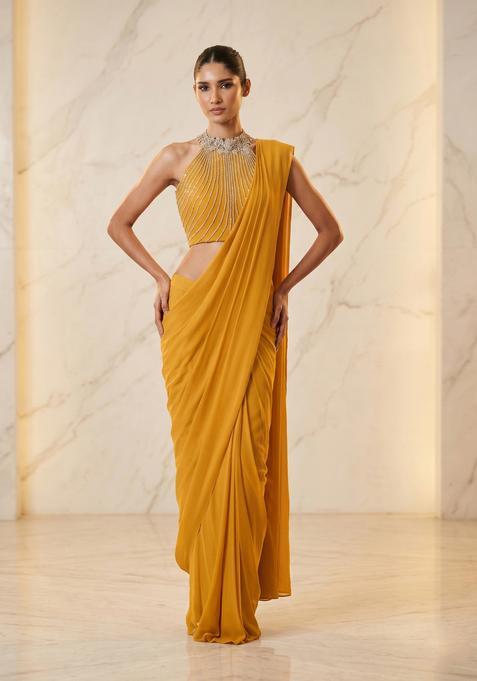 Mustard Embroidered Handwork Pre Draped Saree Set