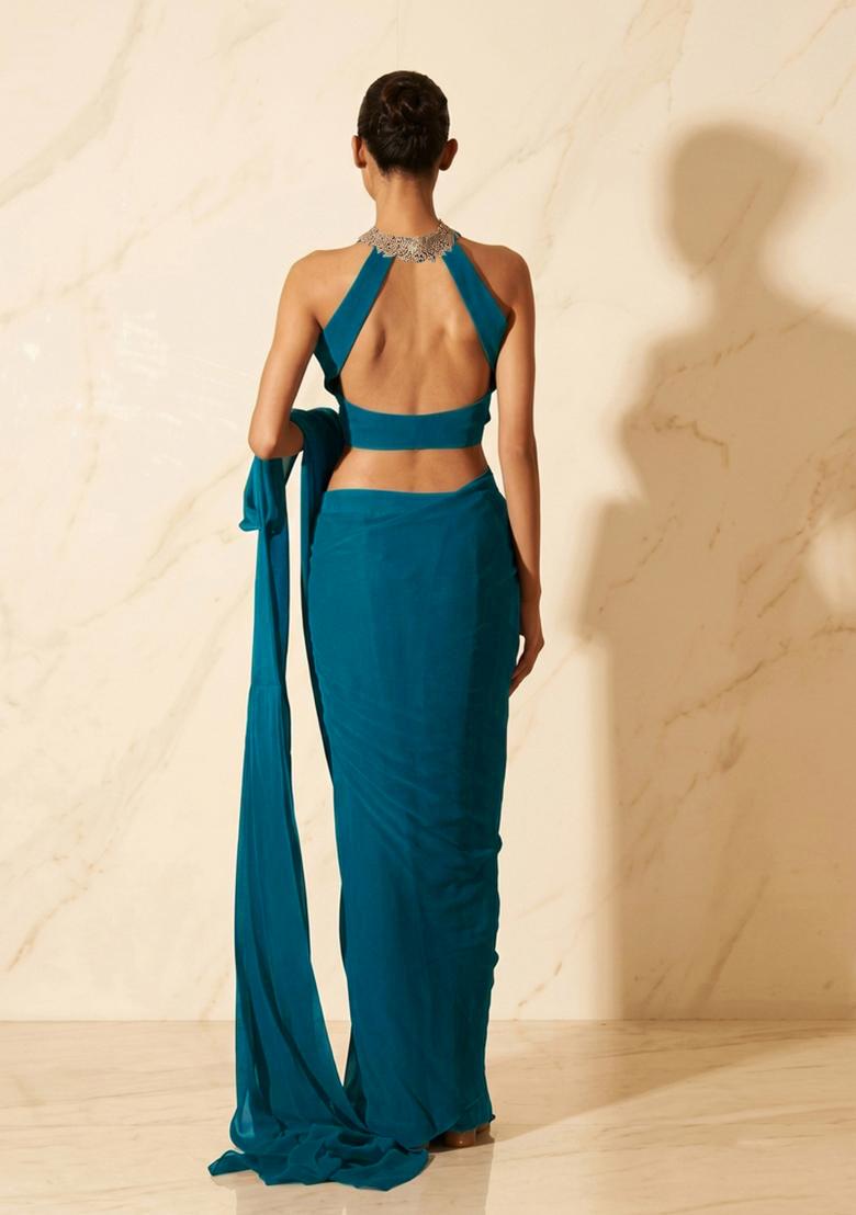 Teal Embroidered Handwork Pre Draped Saree Set - Indya