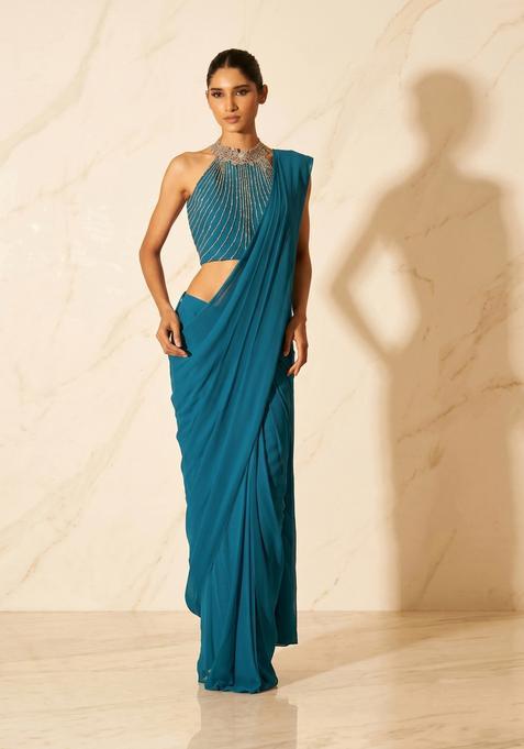 Teal Embroidered Handwork Pre Draped Saree Set