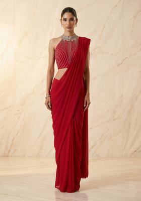 Ruby Red Embroidered Handwork Pre Draped Saree Set