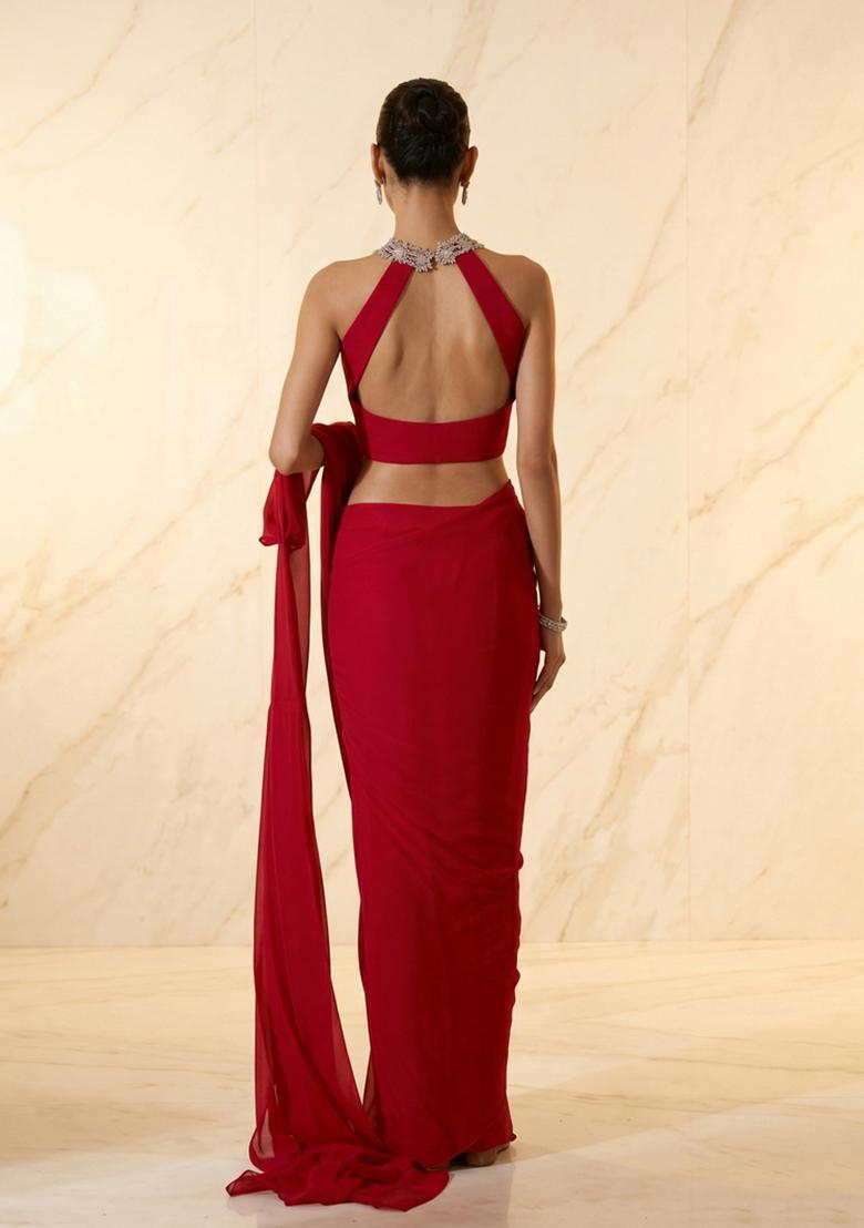 Ruby Red Embroidered Handwork Pre Draped Saree Set - Indya