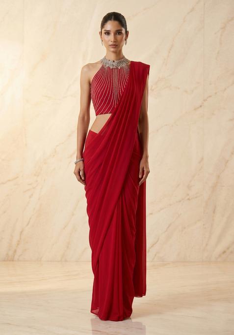 Ruby Red Embroidered Handwork Pre Draped Saree Set