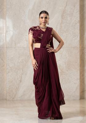 Wine Embroidered Handwork Pre Draped Saree Set