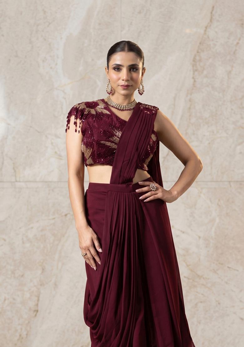 Wine Embroidered Handwork Pre Draped Saree Set - Indya