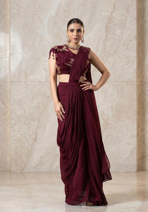 Wine Embroidered Handwork Pre Draped Saree Set
