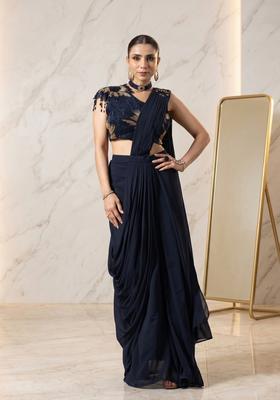Navy Blue Embroidered Handwork Pre Draped Saree Set