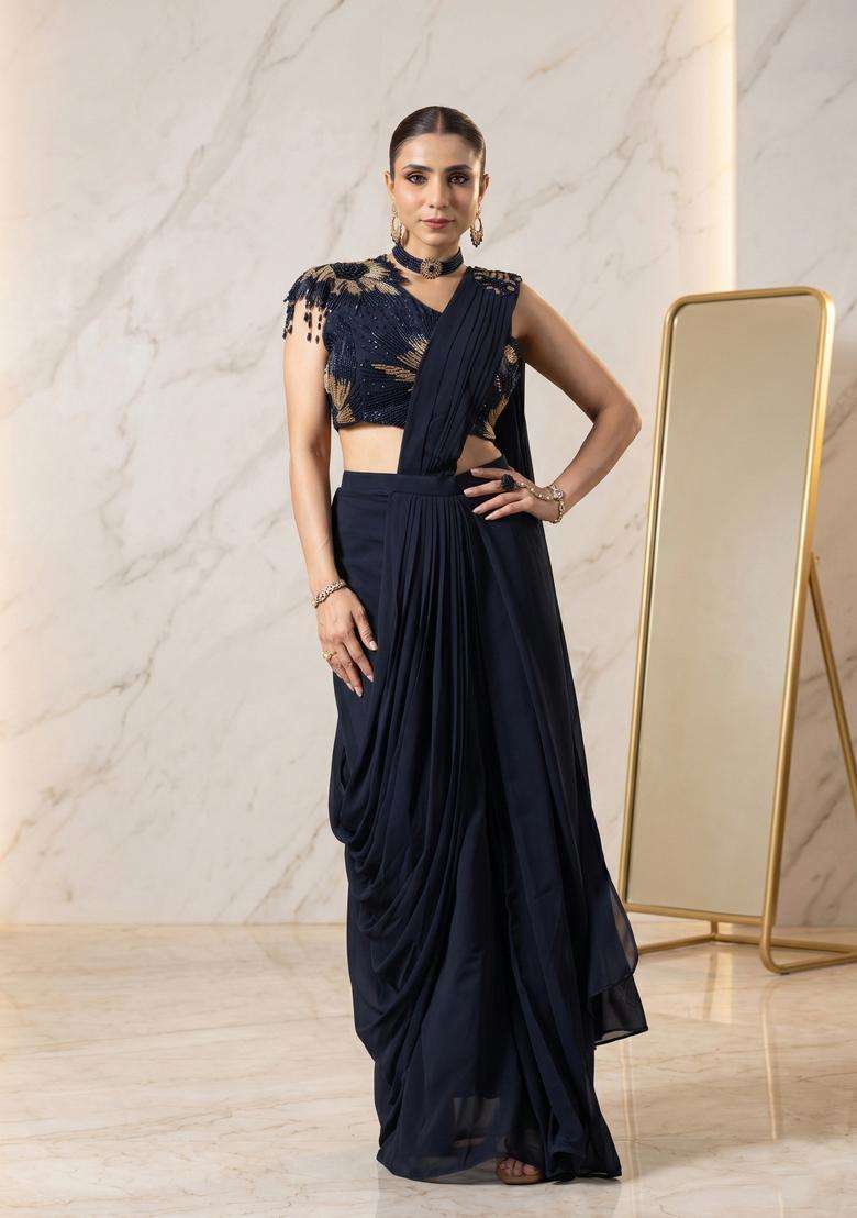 Navy Blue Embroidered Handwork Pre Draped Saree Set - Indya