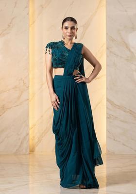 Teal Green  Embroidered Handwork Pre Draped Saree Set