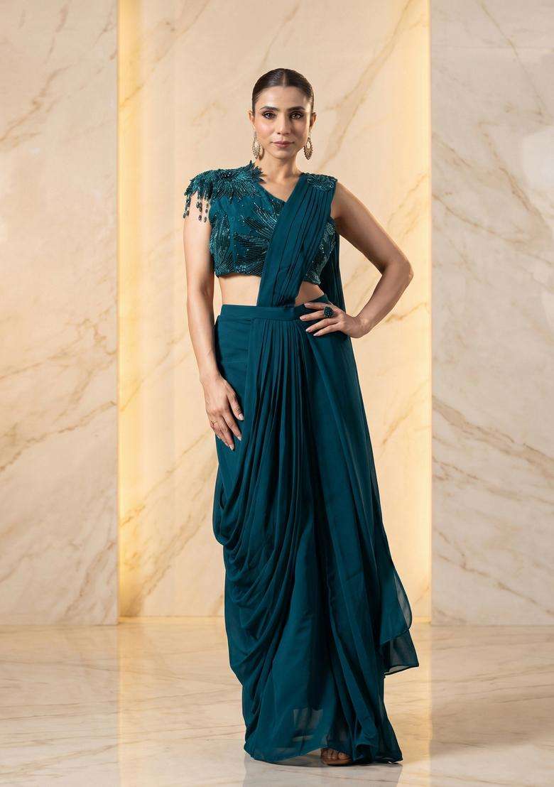 Teal Green  Embroidered Handwork Pre Draped Saree Set - Indya