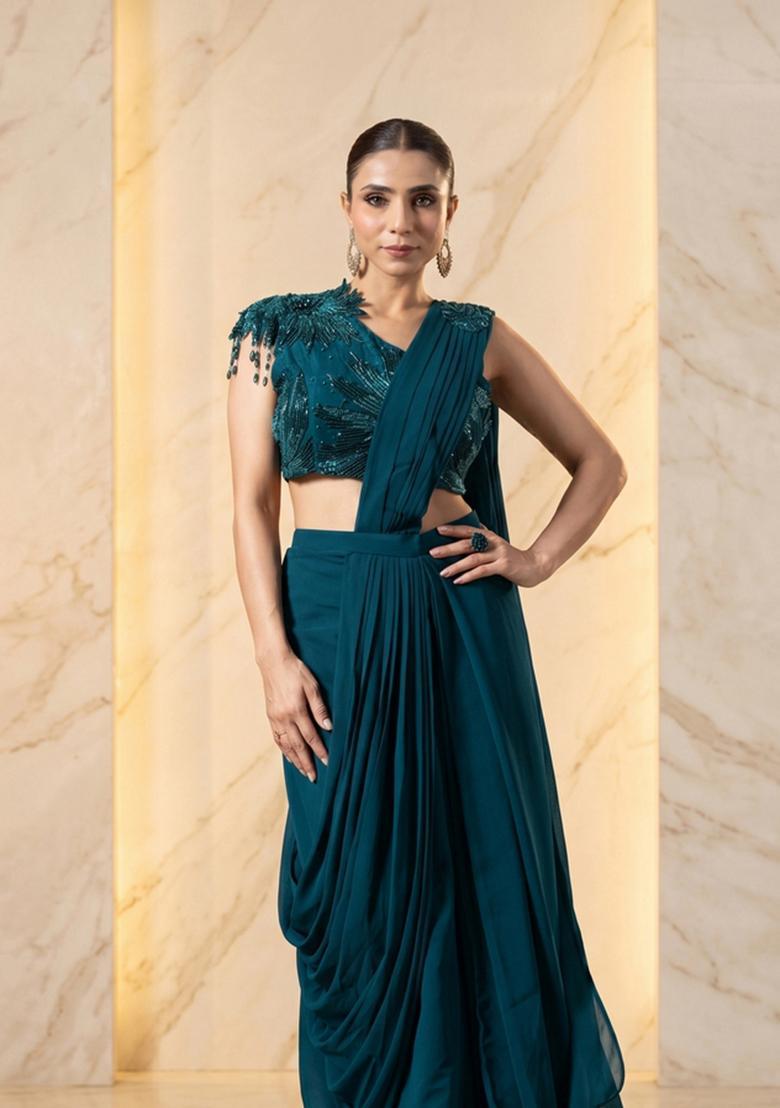 Teal Green  Embroidered Handwork Pre Draped Saree Set - Indya