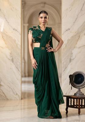 Forest Green Embroidered Handwork Pre Draped Saree Set