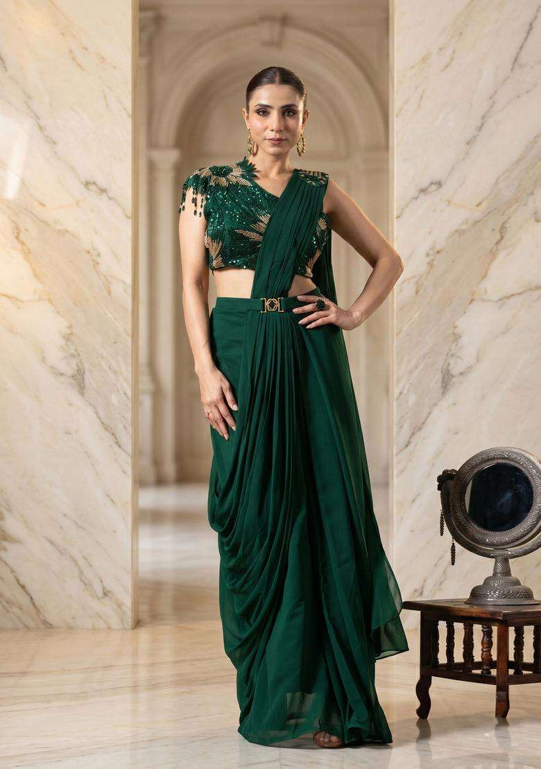 Forest Green Embroidered Handwork Pre Draped Saree Set - Indya