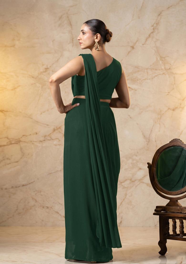 Forest Green Embroidered Handwork Pre Draped Saree Set - Indya