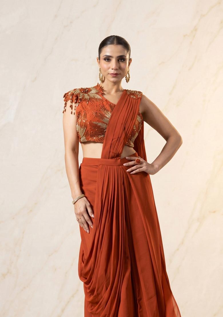 Rust Embroidered Handwork Pre Draped Saree Set - Indya