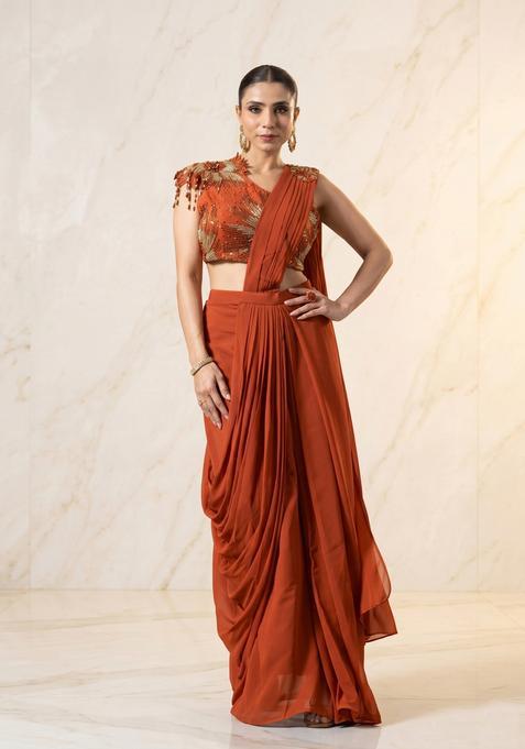 Rust Embroidered Handwork Pre Draped Saree Set