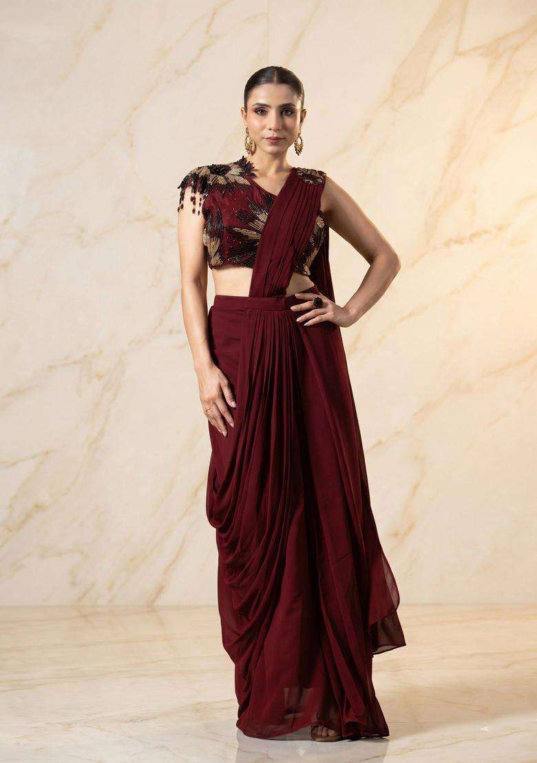Maroon Embroidered Handwork Pre Draped Saree Set - Indya