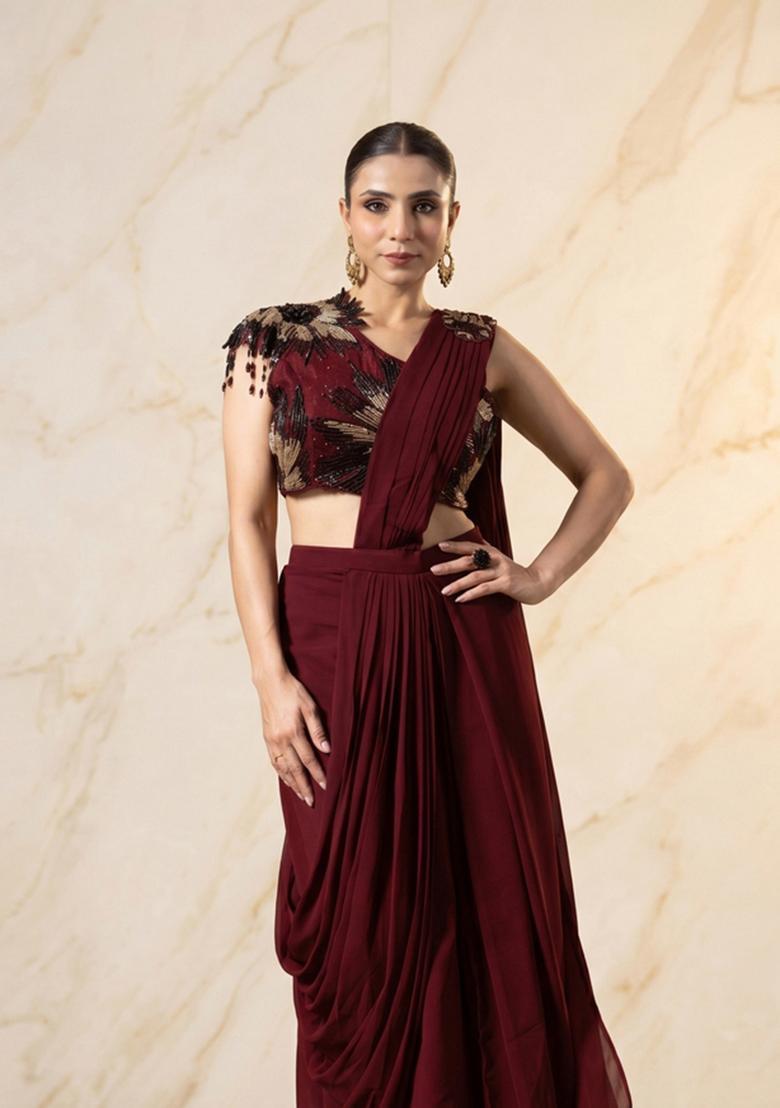 Maroon Embroidered Handwork Pre Draped Saree Set - Indya