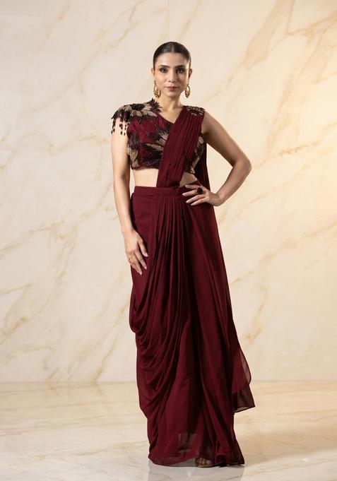 Maroon Embroidered Handwork Pre Draped Saree Set