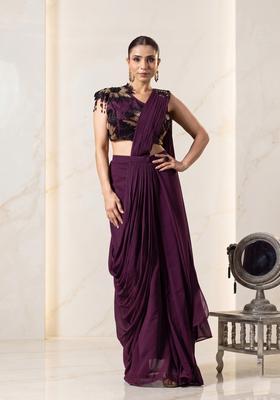 Plum Embroidered Handwork Pre Draped Saree Set