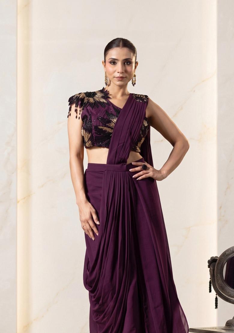 Plum Embroidered Handwork Pre Draped Saree Set - Indya