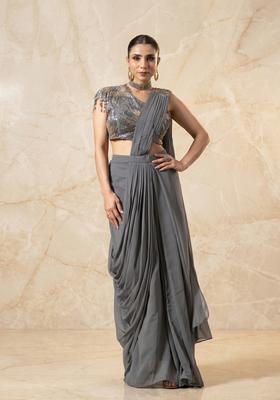 Grey Embroidered Handwork Pre Draped Saree Set