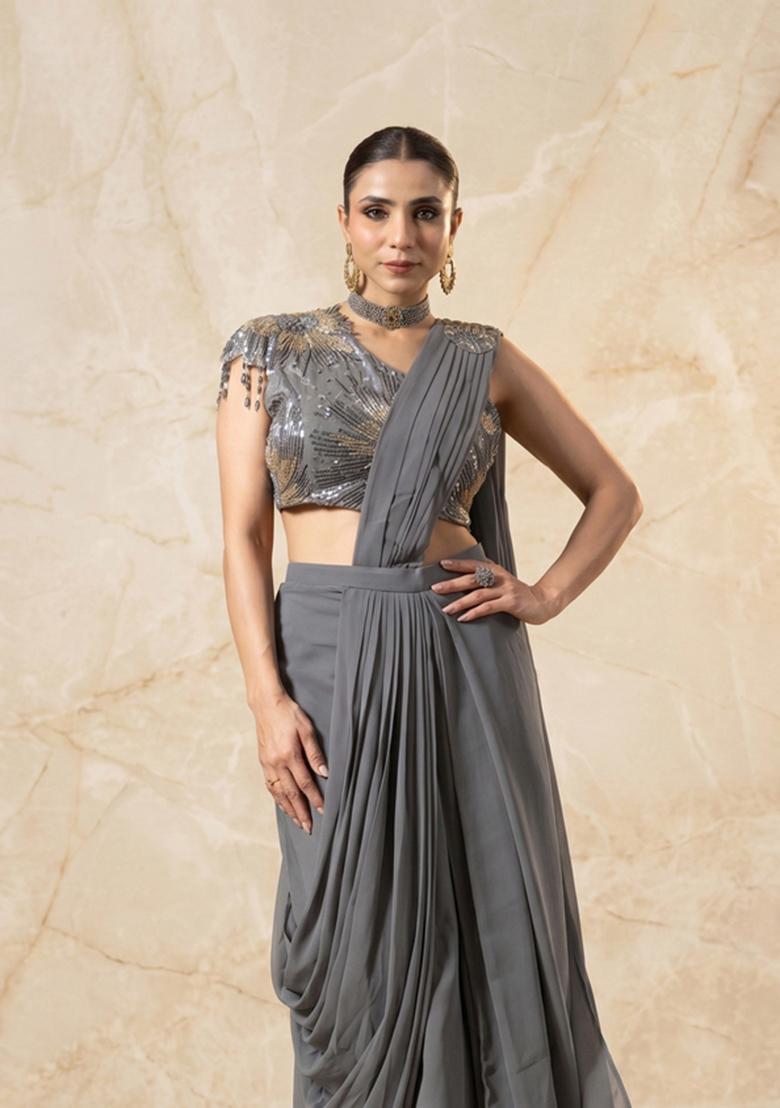 Grey Embroidered Handwork Pre Draped Saree Set - Indya
