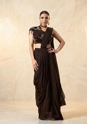 Chocolate Brown Embroidered Handwork Pre Draped Saree Set