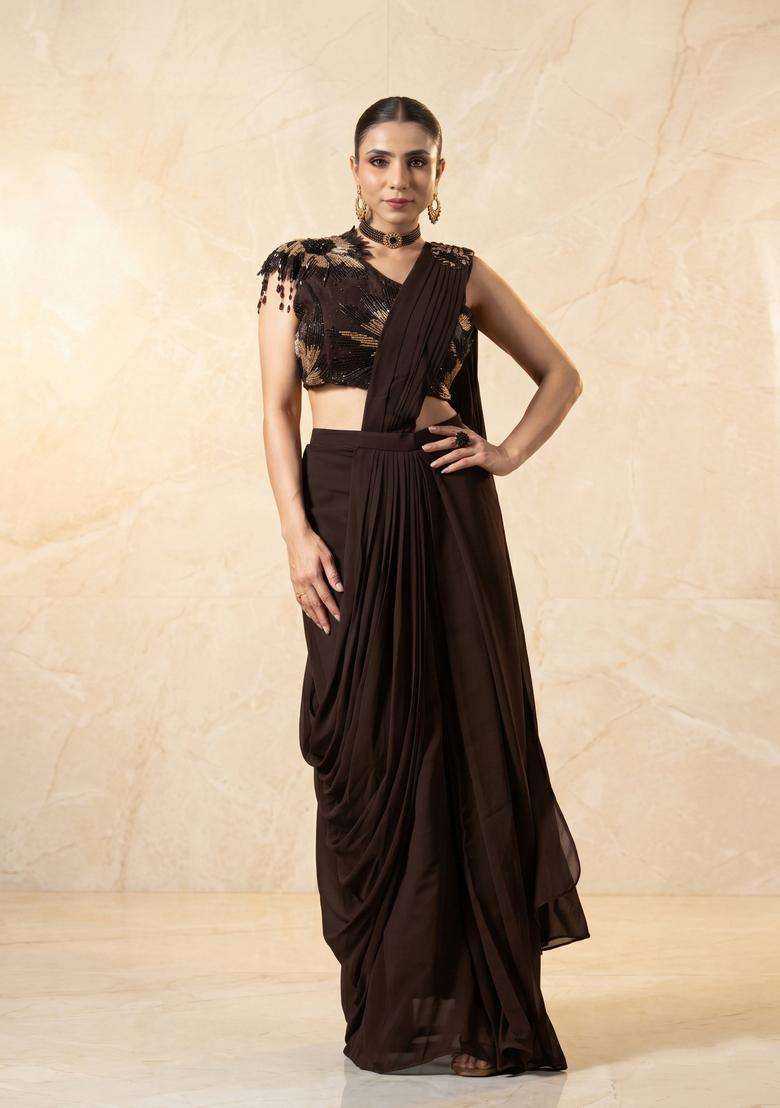Chocolate Brown Embroidered Handwork Pre Draped Saree Set - Indya