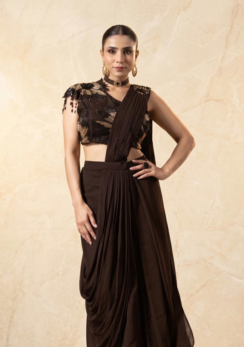 Chocolate Brown Embroidered Handwork Pre Draped Saree Set - Indya