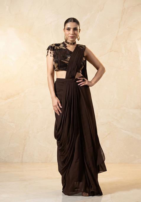 Chocolate Brown Embroidered Handwork Pre Draped Saree Set