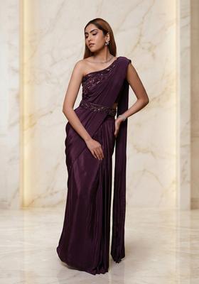 Wine Embroidered Handwork Pre Draped Saree Set