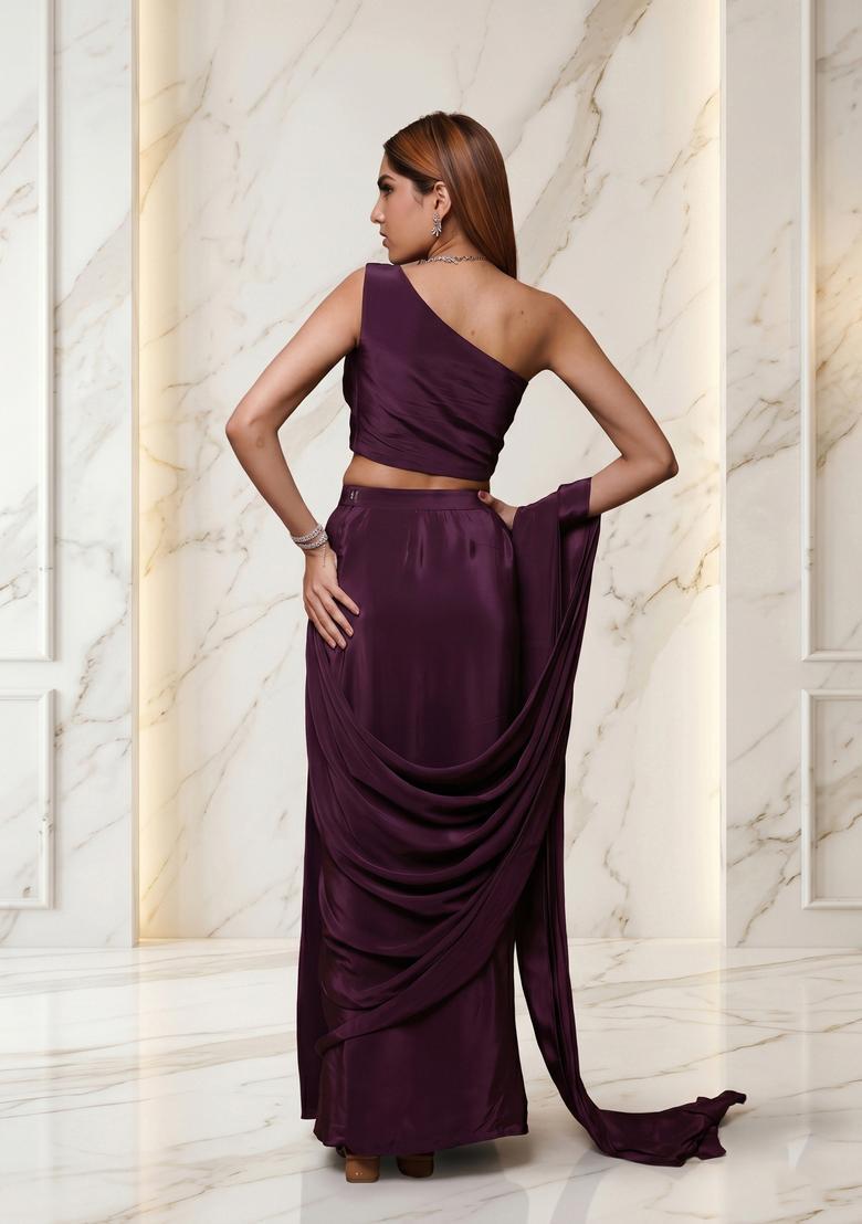 Wine Embroidered Handwork Pre Draped Saree Set - Indya