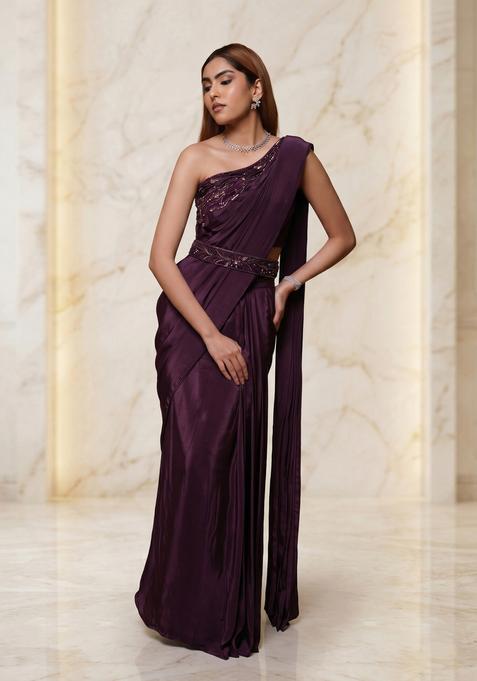 Wine Embroidered Handwork Pre Draped Saree Set