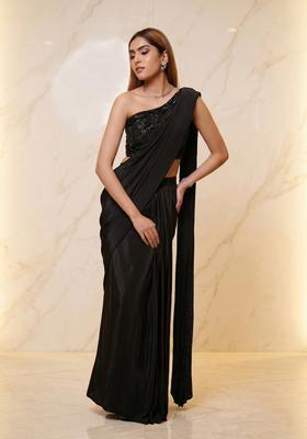 Charcoal Black Embroidered Handwork Pre Draped Saree Set