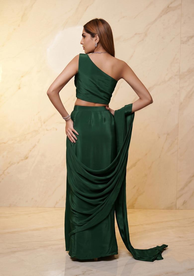 Bottle Green Embroidered Handwork Pre Draped Saree Set - Indya