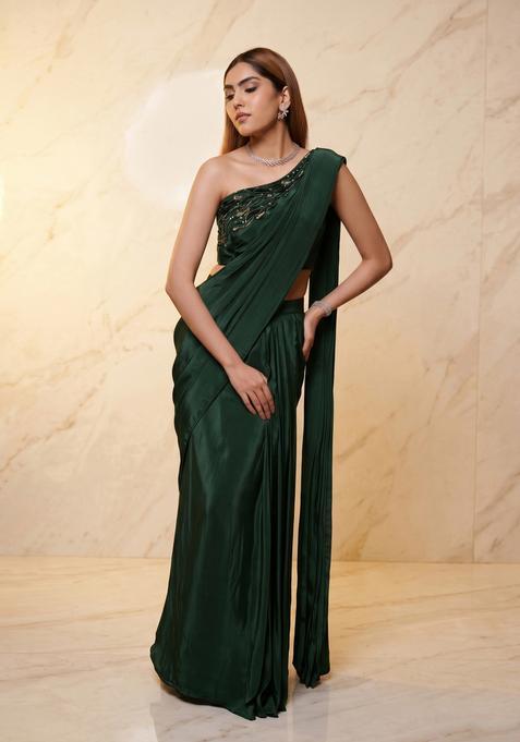 Bottle Green Embroidered Handwork Pre Draped Saree Set