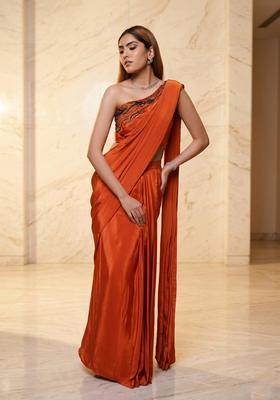 Rust Orange Embroidered Handwork Pre Draped Saree Set