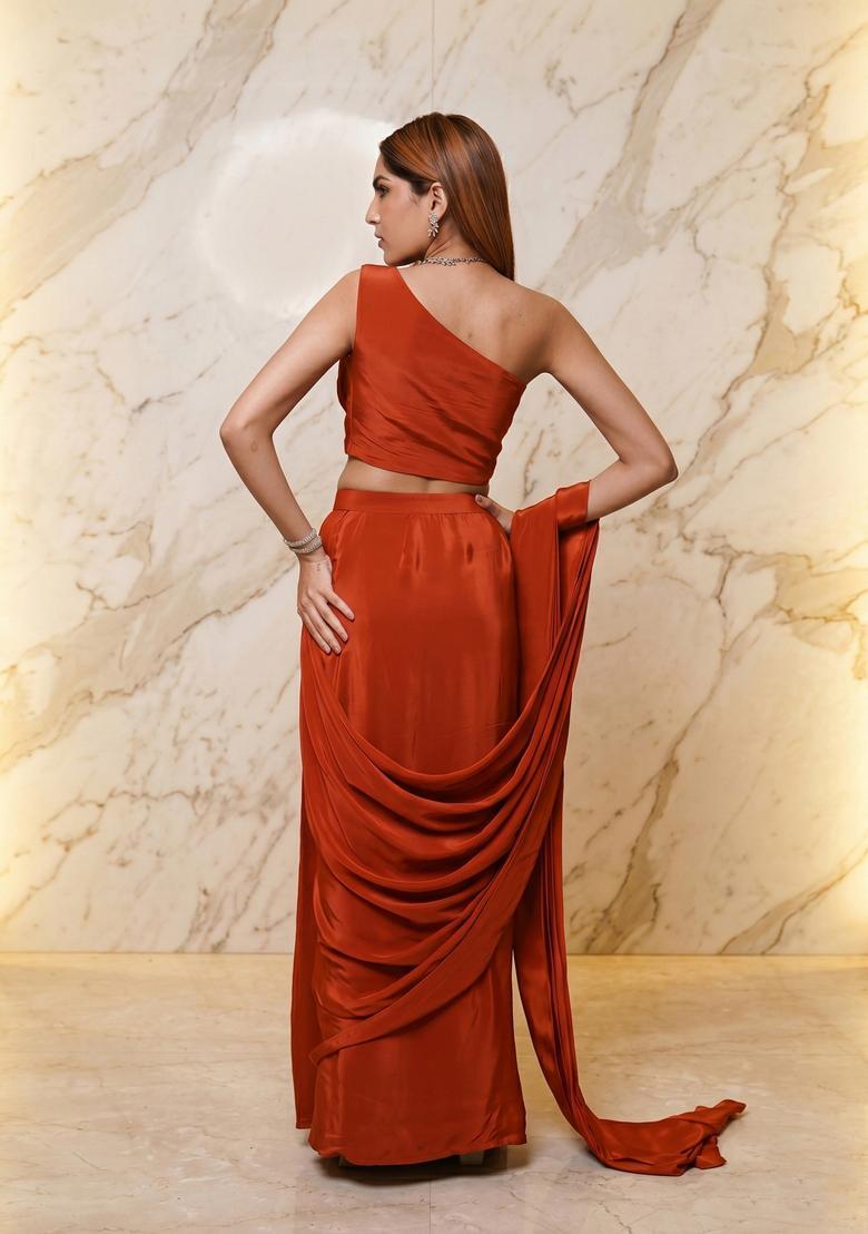 Rust Orange Embroidered Handwork Pre Draped Saree Set - Indya