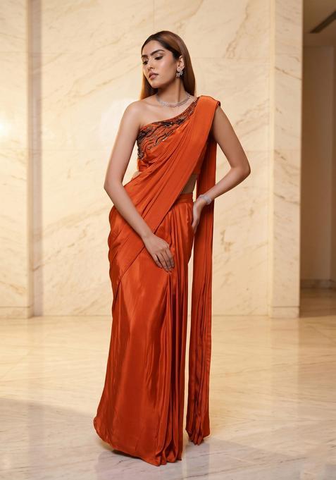 Rust Orange Embroidered Handwork Pre Draped Saree Set