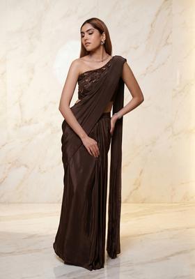 Espresso Embroidered Handwork Pre Draped Saree Set