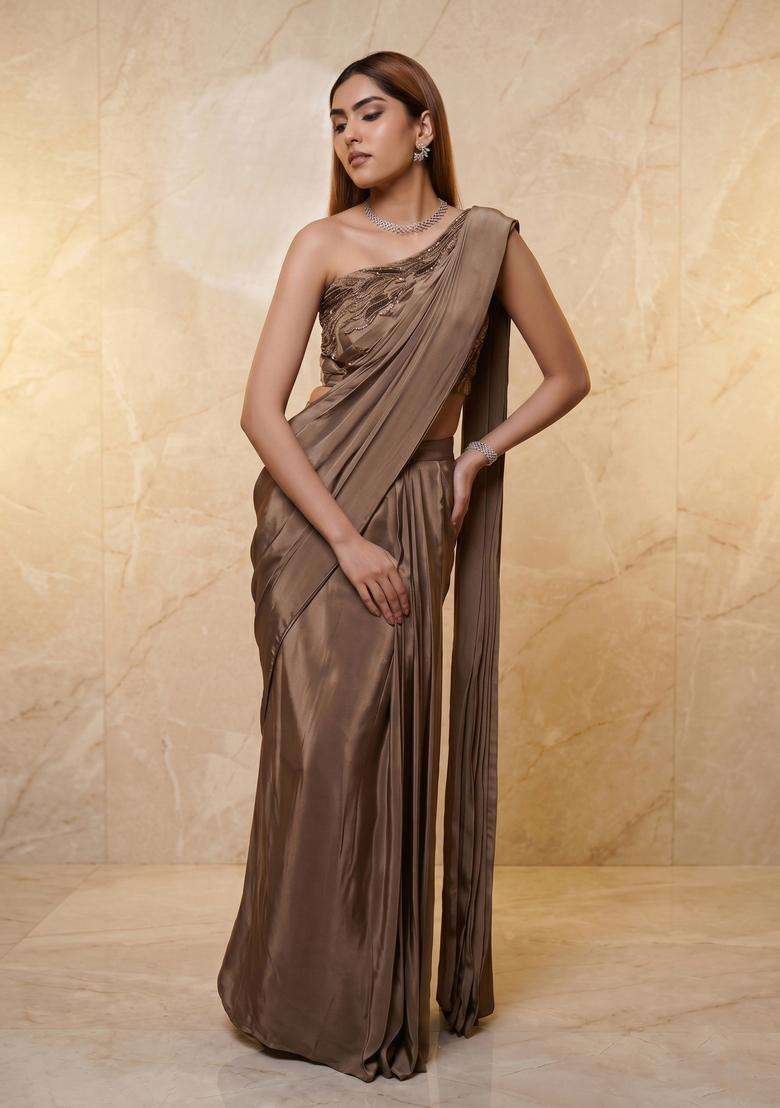 Cream Embroidered Handwork Pre Draped Saree Set - Indya