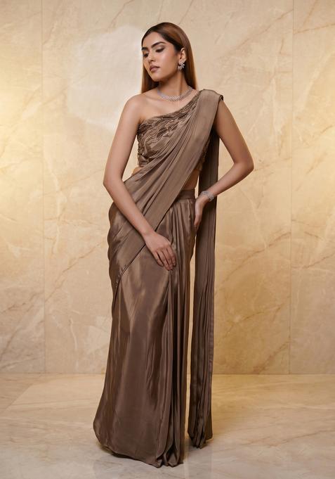 Cream Embroidered Handwork Pre Draped Saree Set