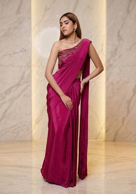 Rani Pink Embroidered Handwork Pre Draped Saree Set