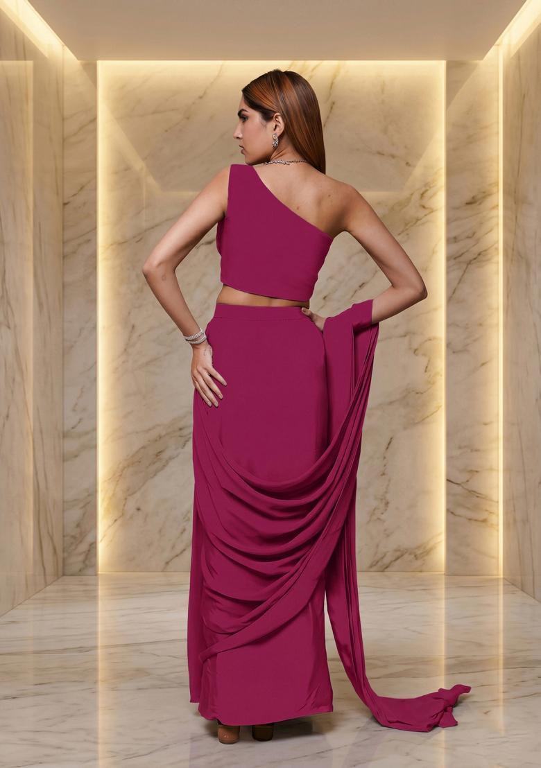 Rani Pink Embroidered Handwork Pre Draped Saree Set - Indya