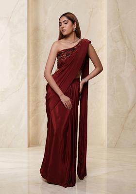 Maroon Embroidered Handwork Pre Draped Saree Set