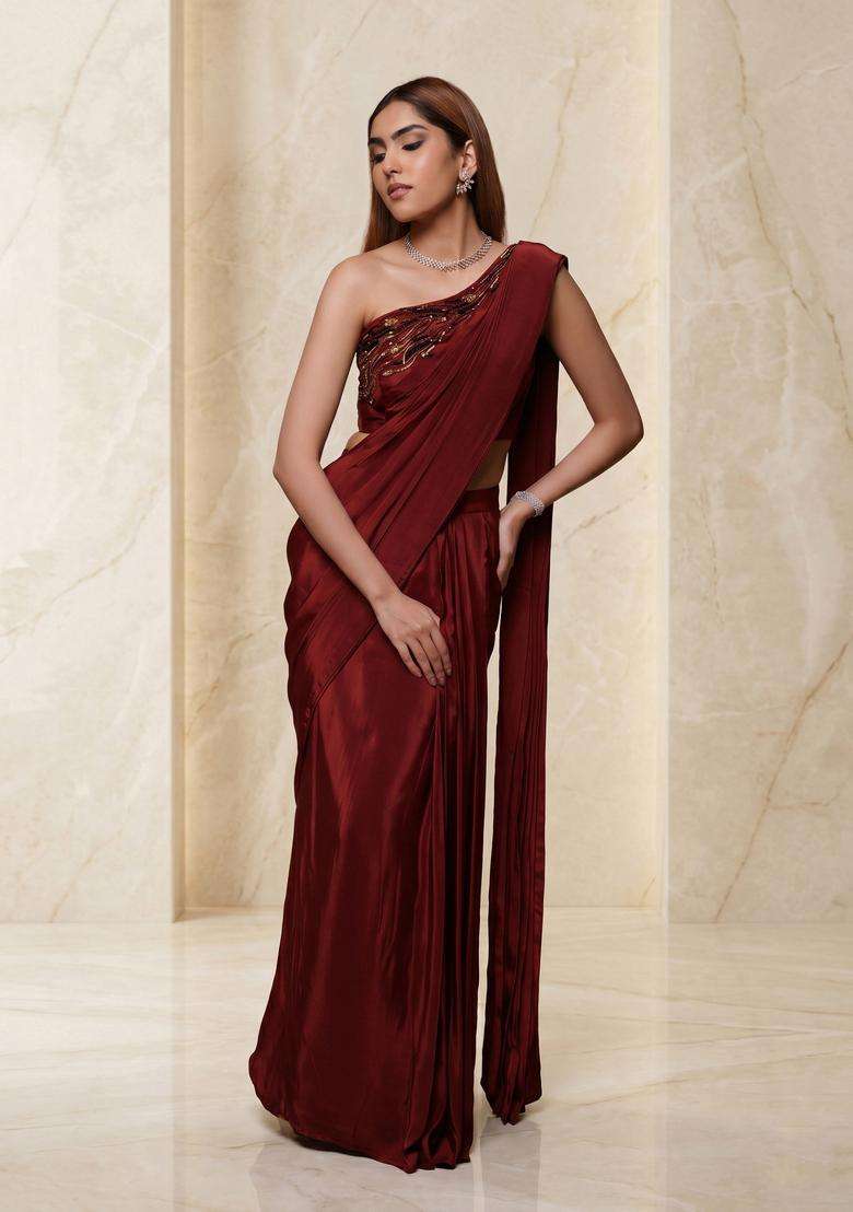 Maroon Embroidered Handwork Pre Draped Saree Set - Indya